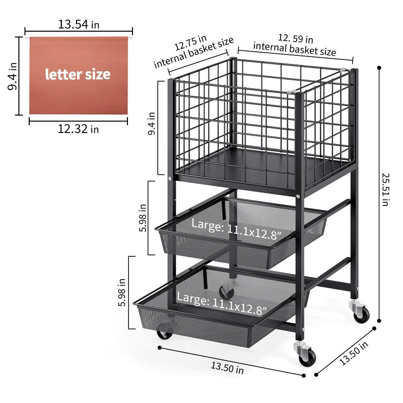 TOOLF 3-Tier Rolling File Cart, Metal Storage Drawer Cart with 2 Sliding File Trays, Adjustable Rod for Hanging Various File Sizes, File Organizer Cabinet on Wheels, for Office, Home, Classroom, Black - Image 4
