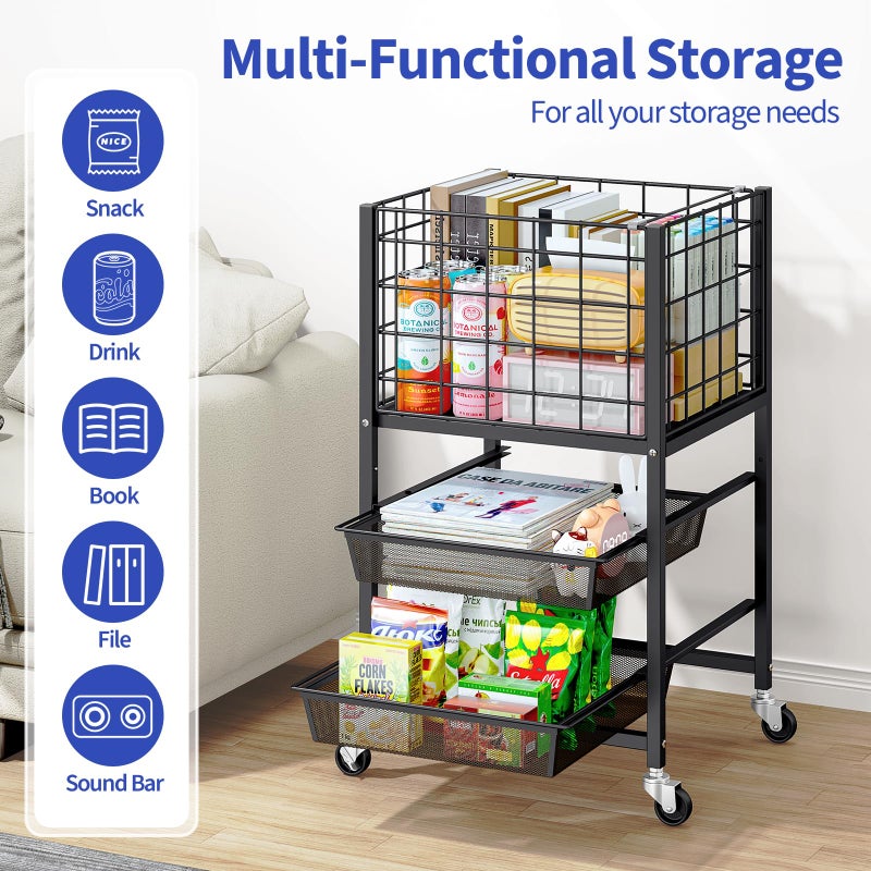 TOOLF 3-Tier Rolling File Cart, Metal Storage Drawer Cart with 2 Sliding File Trays, Adjustable Rod for Hanging Various File Sizes, File Organizer Cabinet on Wheels, for Office, Home, Classroom, Black - Image 5