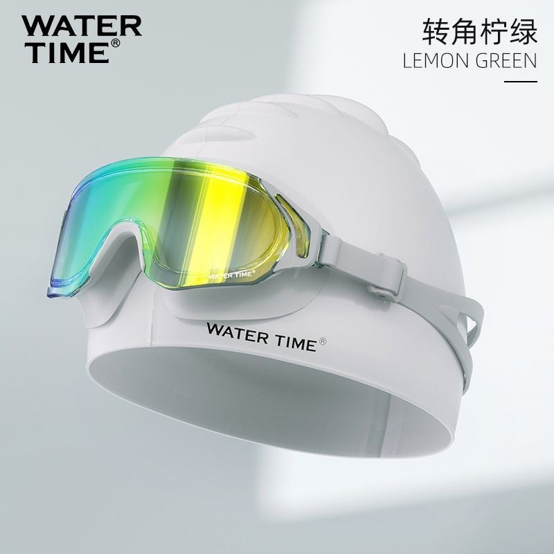 WaterTime نظارات سباحة طبية بإطار كبير مضادة للضباب ومقاومة للماء مع قبعة سباحة - Image 1