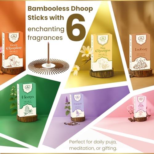 TwoHands Bamboo-Less Dhoop Sticks Combo Pack | 6 Fragrances (120 Sticks) – Rose, Nag Champa, Chandan, Loban, Heena, Patchouli | Long Lasting Puja Incense for Home & Office | Free Dhoop Holder - Image 2
