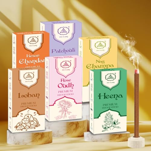 TwoHands Bamboo-Less Dhoop Sticks Combo Pack | 6 Fragrances (120 Sticks) – Rose, Nag Champa, Chandan, Loban, Heena, Patchouli | Long Lasting Puja Incense for Home & Office | Free Dhoop Holder - Image 1