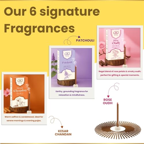 TwoHands Bamboo-Less Dhoop Sticks Combo Pack | 6 Fragrances (120 Sticks) – Rose, Nag Champa, Chandan, Loban, Heena, Patchouli | Long Lasting Puja Incense for Home & Office | Free Dhoop Holder - Image 3