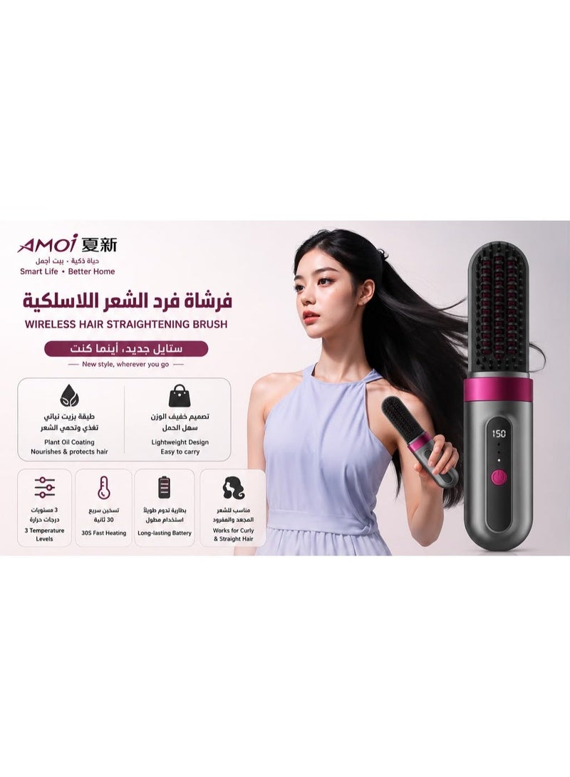 Amoi Cordless Hair Straightening Brush with PTC Heating, Digital Display, 3 Temperature Settings, 4000mAh Battery & Type-C Charging, Black/Pink - Image 2