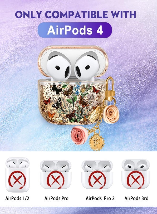 Kokaaee for Apple for Airpods 4 Case 2024 - Quicksand Liquid Cute Aesthetic Cover Mujer Girl Women Sparkling Sparkle Glitter Bling Sparkly Butterfly Flower Floral Keychain Girly for Airpod 4 Case - Image 2