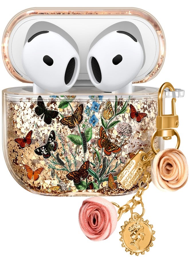 Kokaaee for Apple for Airpods 4 Case 2024 - Quicksand Liquid Cute Aesthetic Cover Mujer Girl Women Sparkling Sparkle Glitter Bling Sparkly Butterfly Flower Floral Keychain Girly for Airpod 4 Case - Image 1