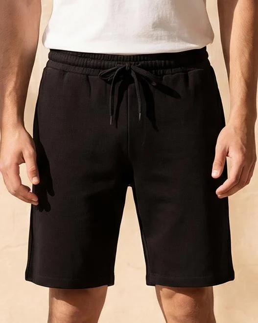 REDTAG Men Black Interlock Lounge Shorts