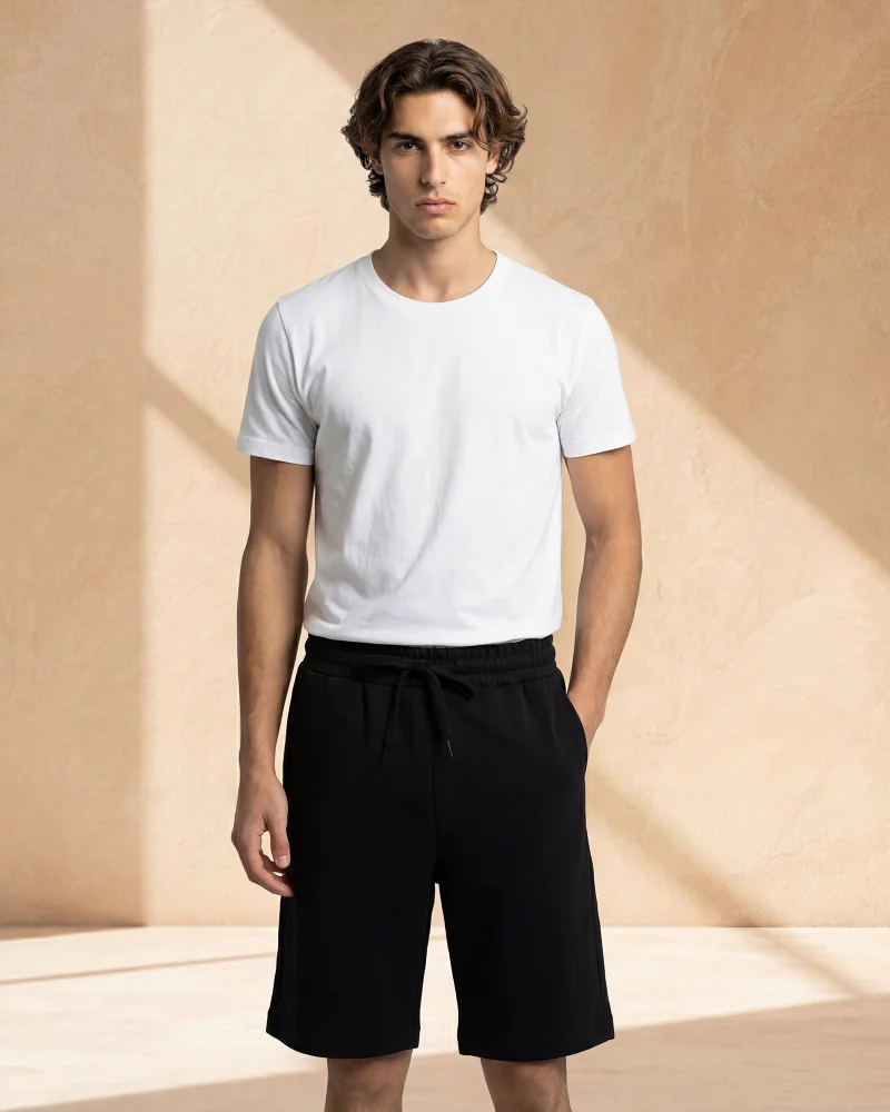 REDTAG Men Black Interlock Lounge Shorts
