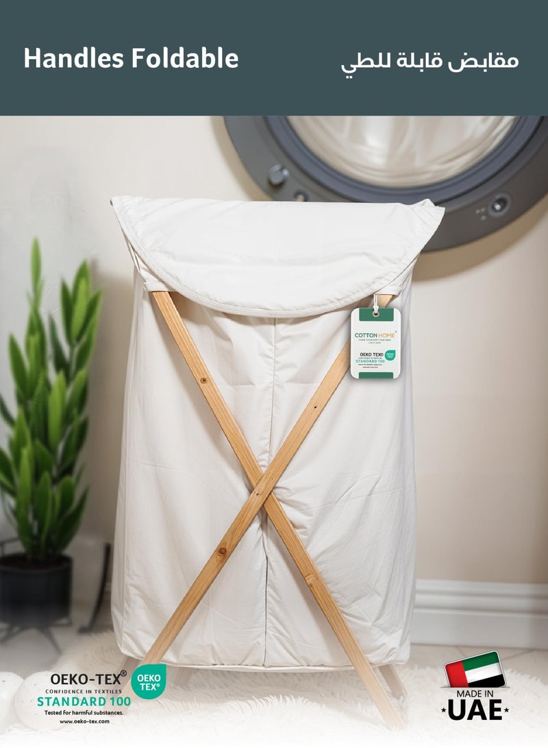 REST Foldable Laundry Basket with Bamboo Handles – Collapsible Clothes Hamper with Wooden Stand for Storage & Organization – White, 70x47 cm - Image 2