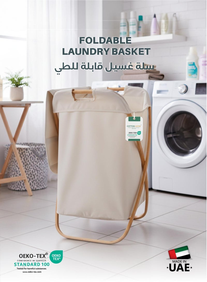 REST Foldable Laundry Basket with Bamboo Handles – Collapsible Clothes Hamper with Wooden Stand for Storage & Organization – White, 70x47 cm - Image 1