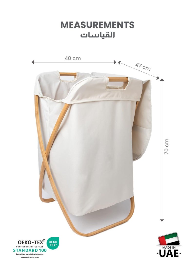 REST Foldable Laundry Basket with Bamboo Handles – Collapsible Clothes Hamper with Wooden Stand for Storage & Organization – White, 70x47 cm - Image 3