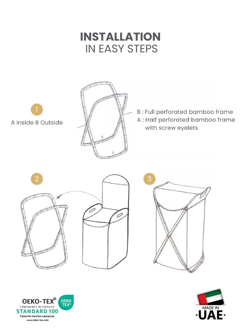 REST Foldable Laundry Basket with Bamboo Handles – Collapsible Clothes Hamper with Wooden Stand for Storage & Organization – White, 70x47 cm - Image 5