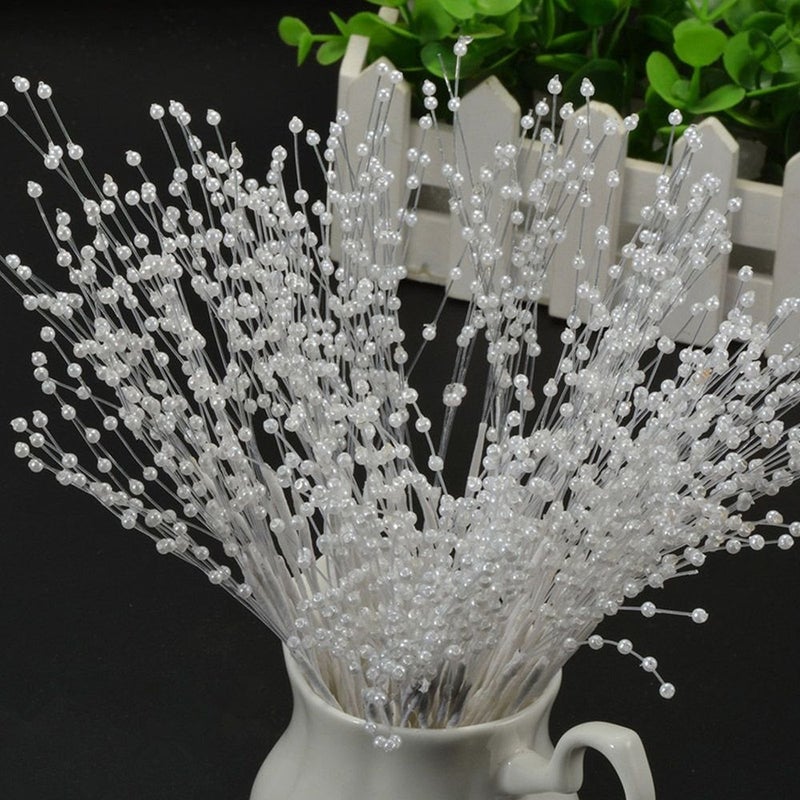 100 Pieces White Pearls Sticks Spray 4MM Pearl Beaded String Handmade Floral Bead Strands by EORTA for Craft Bouquet Decoration DIY Home Party Wedding Christmas Garland Table Centerpiece