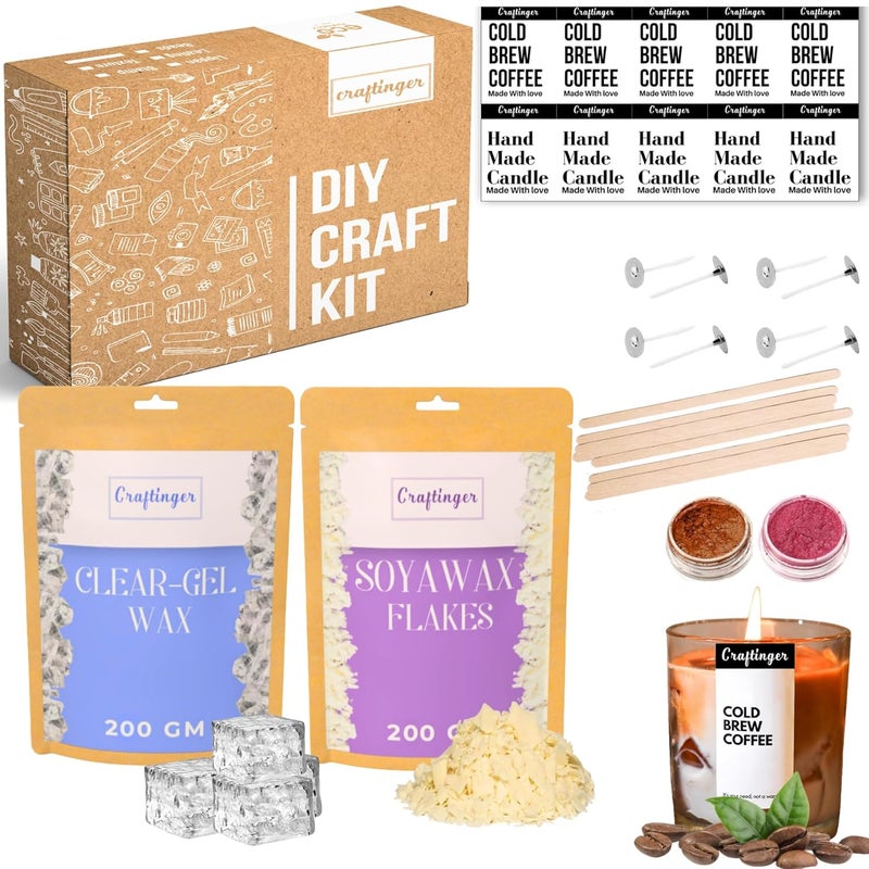 DIY Candle Making Material Kit with 200g SOYA Wax Flakes 200g Clear Gel Wax 12 Wicks Pigments Wooden Sticks Jar Stickers Ideal for Crafting Beginners Handmade Candle Materials Adults Gift