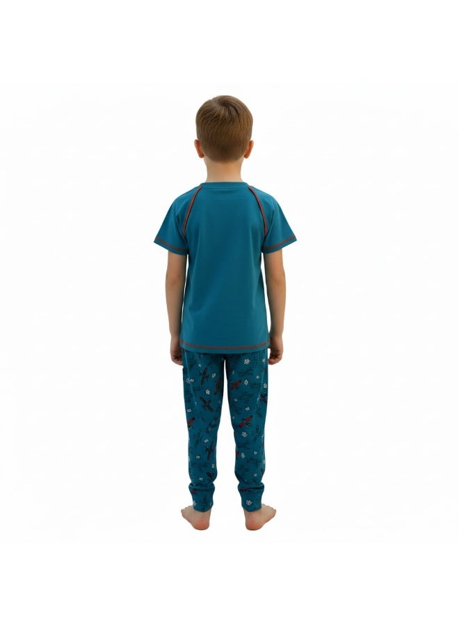 جوانا طقم بيجاما أولادي من جوانا بطبعة صواريخ، قميص بأكمام قصيرة وبنطال طويل، بلون تركواز/أزرق مخضر - Image 4