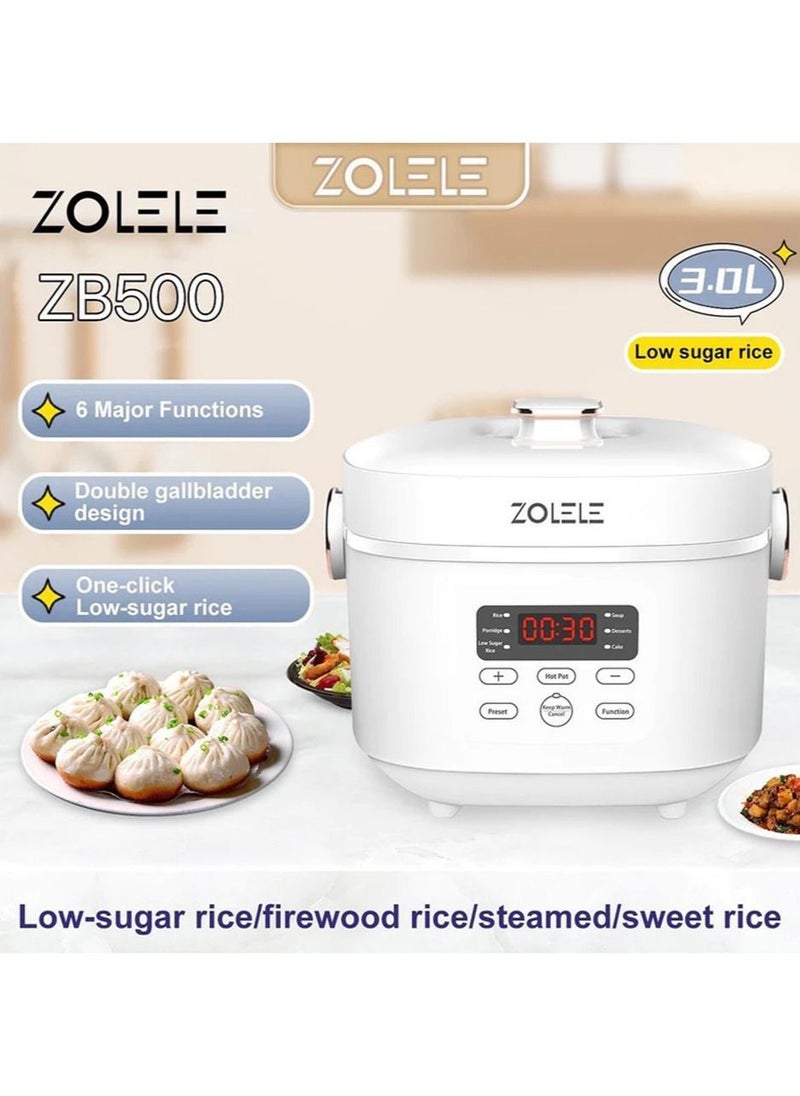 ZOLELE - Electric Rice Cooker With 2.5L Capacity Smart Low Sugar Rice Cooker Micro-Computer Button Double Inner Pot 700W - White - Image 1