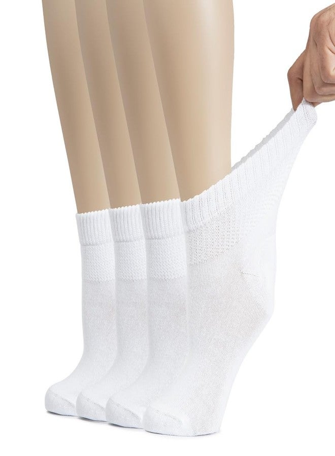 Hugh Ugoli Women's Cotton Diabetic Ankle Socks, Wide, Thin, Loose Fit and Stretchy, Seamless Toe & Non Binding Top, 4 Pairs, White, Shoe Size: 6-9 - Image 1