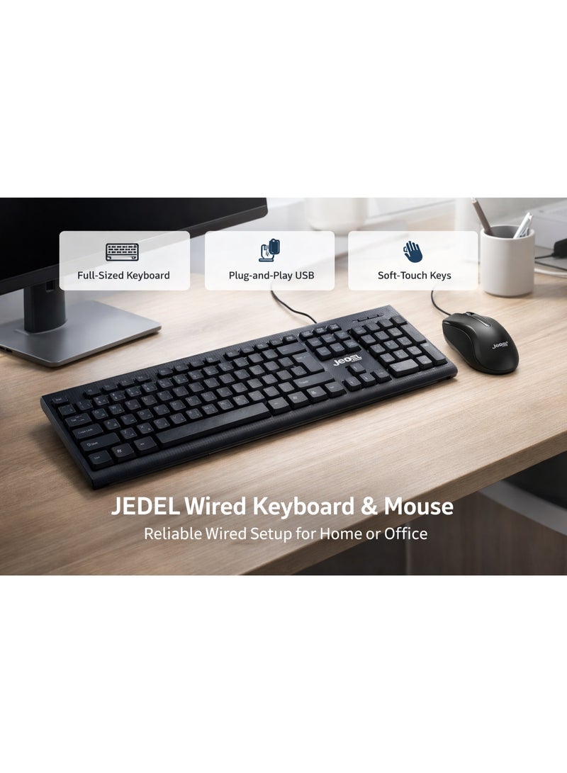 جي ديل طقم لوحة مفاتيح وماوس JEDEL G17 سلكي بمنفذ USB، تخطيط كامل بـ 104 مفاتيح مع لوحة أرقام، كتابة هادئة وتصميم متين للاستخدام المنزلي والمكتبي واليومي | إنجليزي / عربي - Image 2