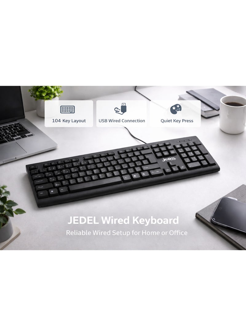 جي ديل طقم لوحة مفاتيح وماوس JEDEL G17 سلكي بمنفذ USB، تخطيط كامل بـ 104 مفاتيح مع لوحة أرقام، كتابة هادئة وتصميم متين للاستخدام المنزلي والمكتبي واليومي | إنجليزي / عربي - Image 3