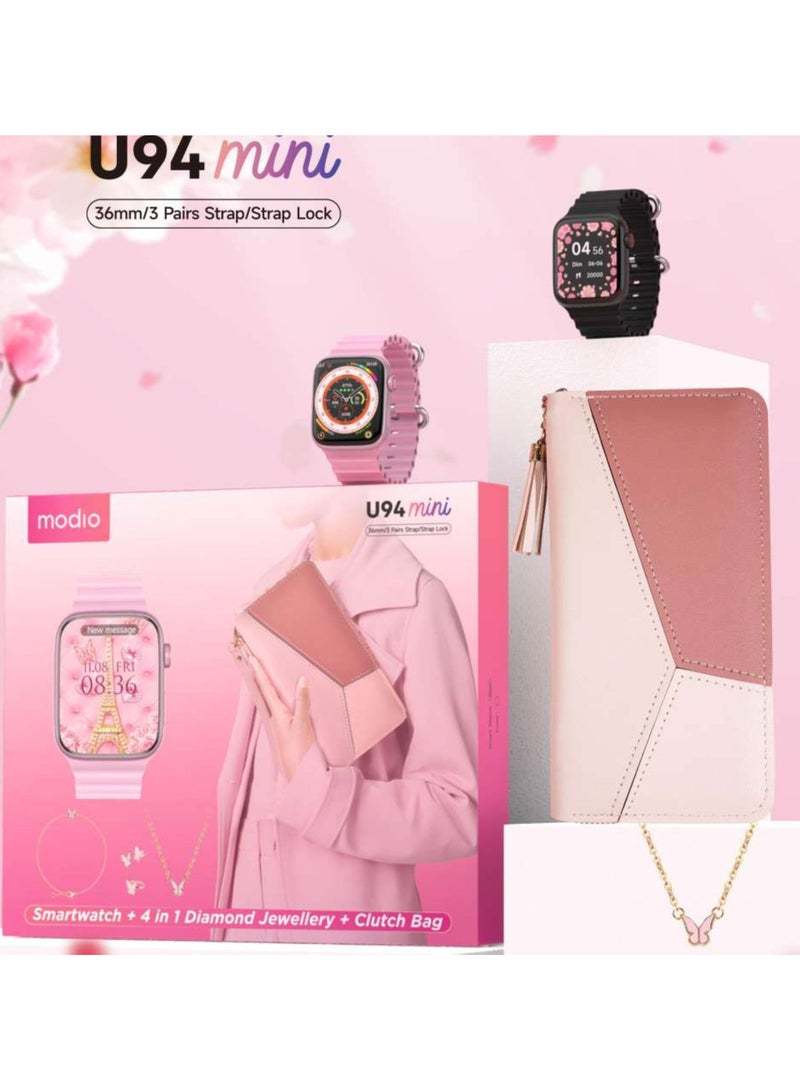 modio U94 Mini Smartwatch 36MM with Diamond Jewelry & Clutch Bag, 3 Pairs Strap with Strap Lock, Fitness Tracker, Heart Rate & Sports Mode, Waterproof, Compatible with Android & iOS – Elegant Black - Image 1