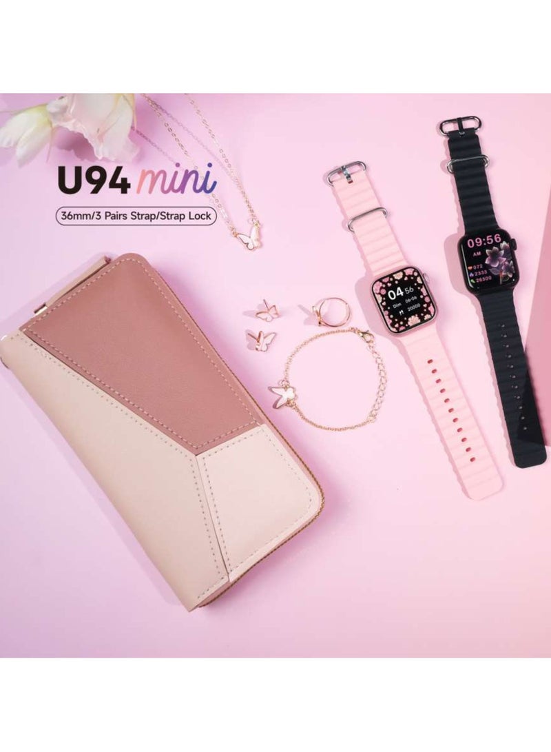 modio U94 Mini Smartwatch 36MM with Diamond Jewelry & Clutch Bag, 3 Pairs Strap with Strap Lock, Fitness Tracker, Heart Rate & Sports Mode, Waterproof, Compatible with Android & iOS – Elegant Black - Image 2