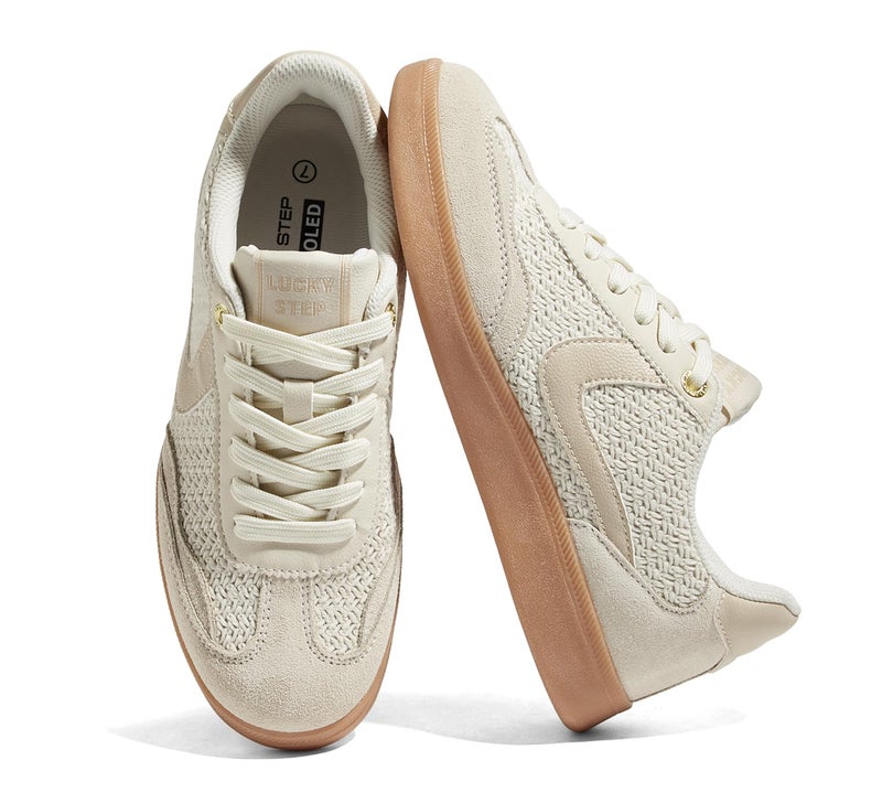 LUCKY STEP Women's Classic Fashion Casual Sneakers Skate Shoes No Slip Lace Up Walking Shoes(6.5 M US Beige Cotton) - Image 1