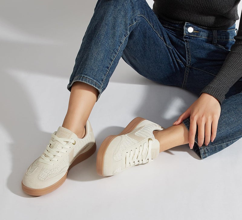 LUCKY STEP Women's Classic Fashion Casual Sneakers Skate Shoes No Slip Lace Up Walking Shoes(6.5 M US Beige Cotton) - Image 2