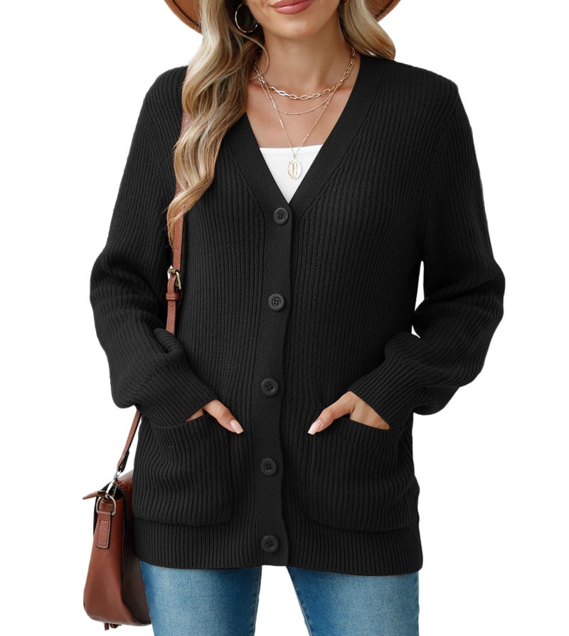 VIISHOW Women Chunky Knit Cardigan Sweater Long Sleeve V Neck Button up Cardigan with Pocket Sweater Coat for Fall and Winter,Black,X-Large - Image 2
