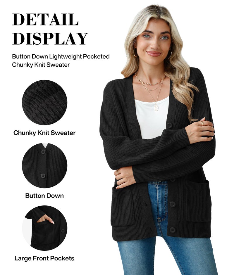 VIISHOW Women Chunky Knit Cardigan Sweater Long Sleeve V Neck Button up Cardigan with Pocket Sweater Coat for Fall and Winter,Black,X-Large - Image 4