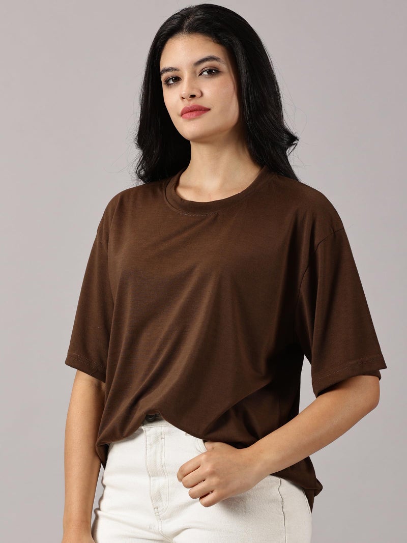 RodZen® Oversized Baggy Fit Half Sleeves Round Neck Drop Shoulder Solid Cotton Blend Combo T-Shirt for Women/Girls (Pack of 2)(Brown,Peach; S) - Image 4