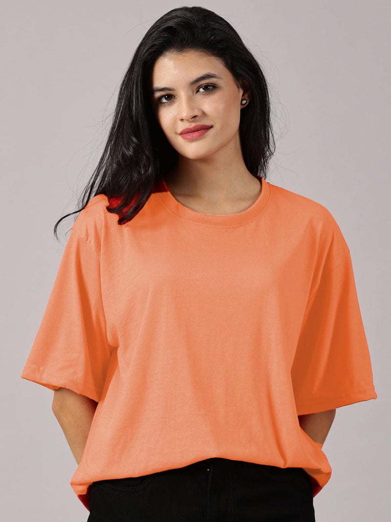 RodZen® Oversized Baggy Fit Half Sleeves Round Neck Drop Shoulder Solid Cotton Blend Combo T-Shirt for Women/Girls (Pack of 2)(Brown,Peach; S) - Image 2