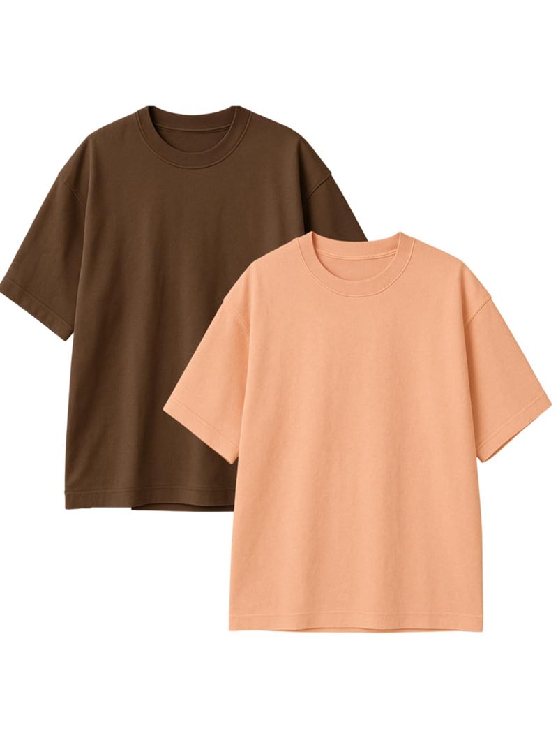 RodZen® Oversized Baggy Fit Half Sleeves Round Neck Drop Shoulder Solid Cotton Blend Combo T-Shirt for Women/Girls (Pack of 2)(Brown,Peach; S) - Image 1