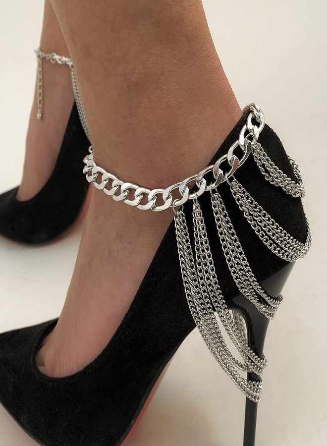 Chargances Punk Silver Tassel Ankle Chains for Women Layered High Heel Anklet Shoes Chain for Women Gift Party (Silver) - Image 2