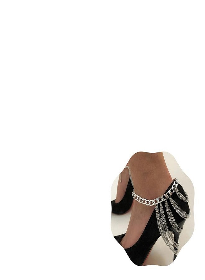 Chargances Punk Silver Tassel Ankle Chains for Women Layered High Heel Anklet Shoes Chain for Women Gift Party (Silver) - Image 1