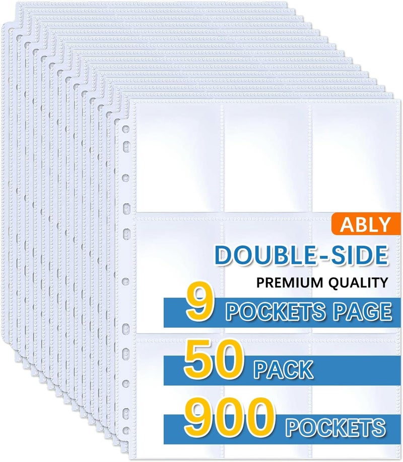ABLY 900 Pockets Baseball Card Sleeves, Double Side 9-Pocket Trading Card Binder Sleeves Page Protectors Sheet for Skylanders, Pokemon, Top Trumps for 3 Ring Binder(50 Pages) - Image 1