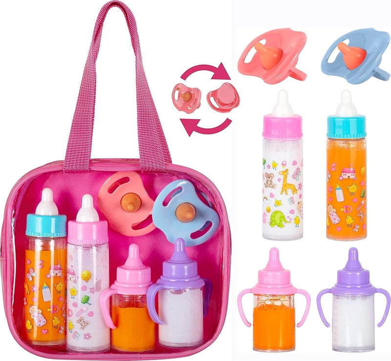 fash n kolor , My Sweet Baby Disappearing Doll Feeding Set | 4 Piece Doll Feeding Set for Toy Stroller | 2 Milk & Juice Bottles with Toy Pacifier, Age 3+ - Image 1
