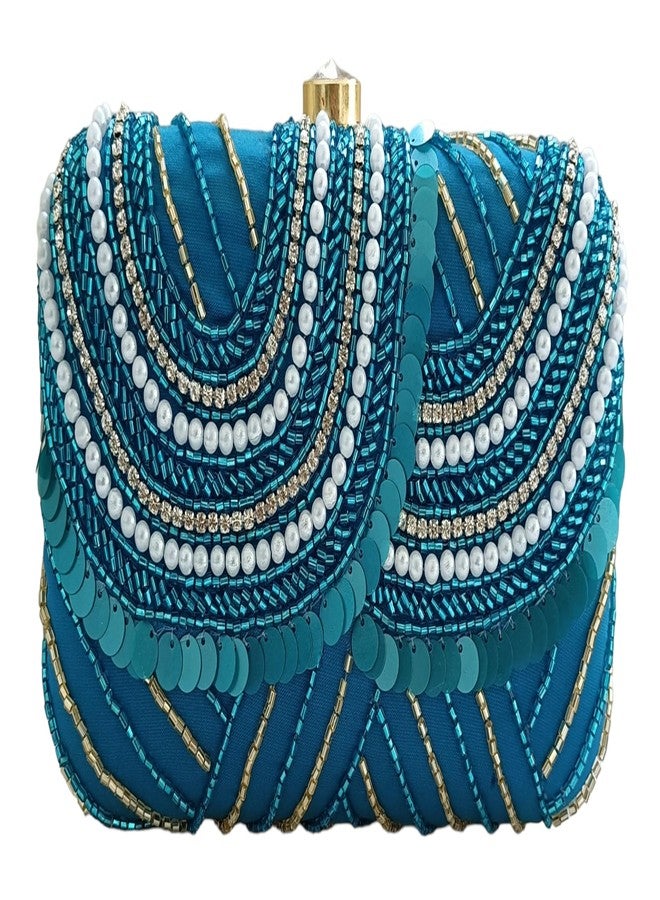 DUCHESS Women Hand Embroidered Sequins Box Clutch for Wedding Party (Blue) - Image 2