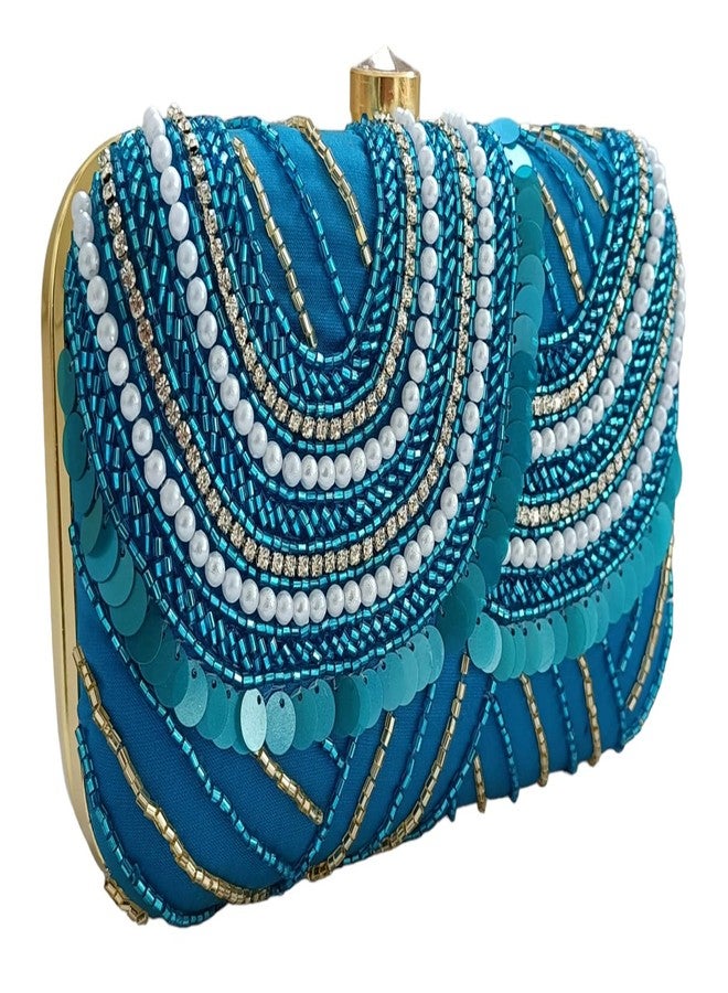 DUCHESS Women Hand Embroidered Sequins Box Clutch for Wedding Party (Blue) - Image 3