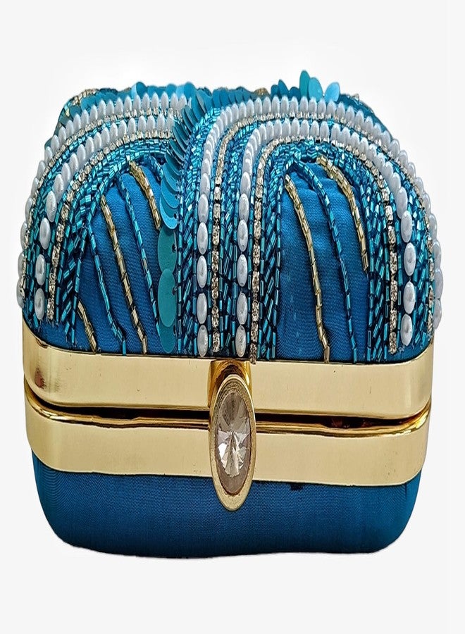 DUCHESS Women Hand Embroidered Sequins Box Clutch for Wedding Party (Blue) - Image 5