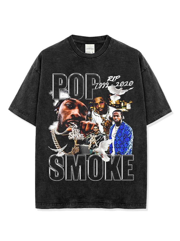 Hip-Hop Popsmoke Printed T-Shirt American Vintage Washed Loose Heavy Round Neck Short-Sleeved Trendy Style - Image 2