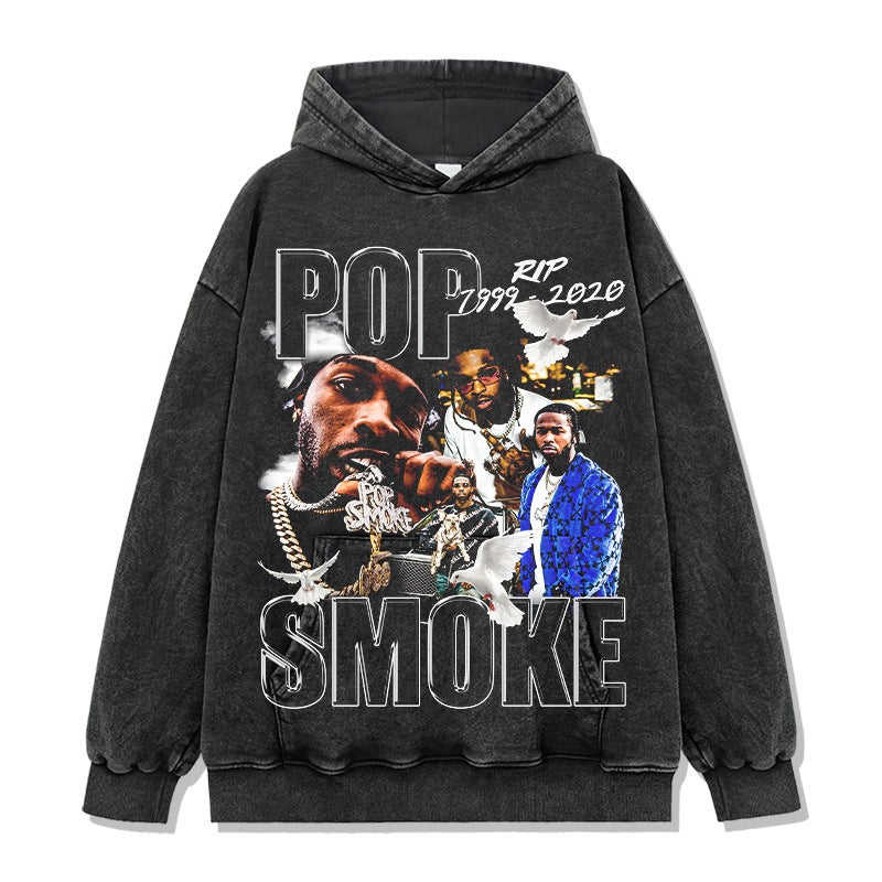 Hip-Hop Popsmoke Printed T-Shirt American Vintage Washed Loose Heavy Round Neck Short-Sleeved Trendy Style - Image 1