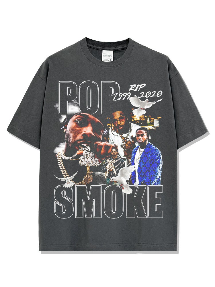 Hip-Hop Popsmoke Printed T-Shirt American Vintage Washed Loose Heavy Round Neck Short-Sleeved Trendy Style - Image 4