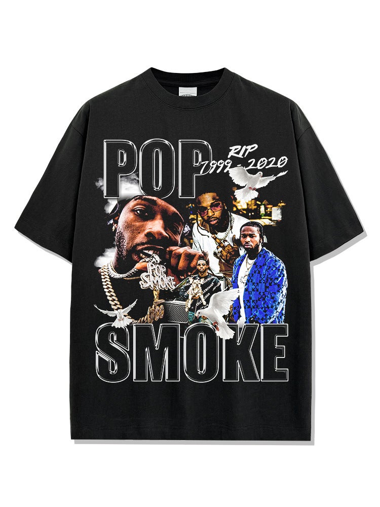 Hip-Hop Popsmoke Printed T-Shirt American Vintage Washed Loose Heavy Round Neck Short-Sleeved Trendy Style - Image 3