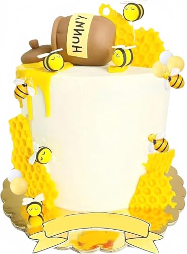 Qoadwem Honey Jar Cake Topper Qoadwem 25pcs Bee Cake Toppers With Honeycomb Honey Jar And Cover Sunflower Cake Decoration for Baby Shower Birthday Party Supplies - Image 1