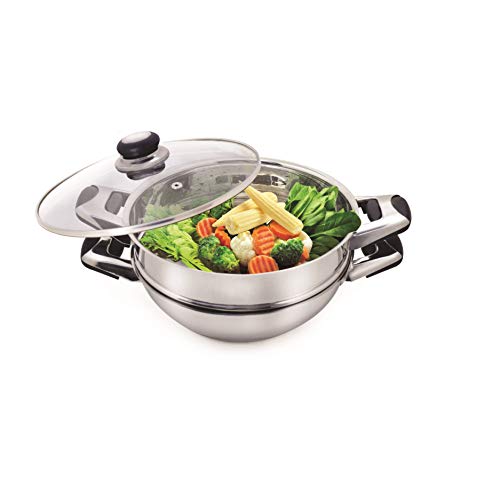 Pristine Stainless Steel Tri Ply Induction Base Multipurpose Kadai and Steamer with Glass Lid | 1 Kadai, 1 Steamer Basket, 1 Glass lid (22cm, Silver) - Image 5