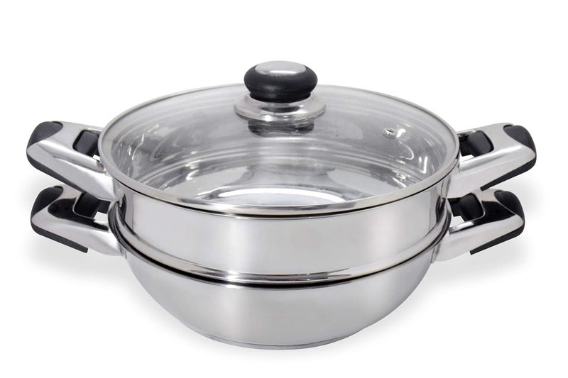 Pristine Stainless Steel Tri Ply Induction Base Multipurpose Kadai and Steamer with Glass Lid | 1 Kadai, 1 Steamer Basket, 1 Glass lid (22cm, Silver) - Image 2