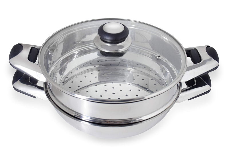 Pristine Stainless Steel Tri Ply Induction Base Multipurpose Kadai and Steamer with Glass Lid | 1 Kadai, 1 Steamer Basket, 1 Glass lid (22cm, Silver) - Image 1