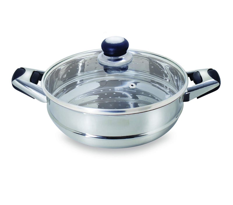 Pristine Stainless Steel Tri Ply Induction Base Multipurpose Kadai and Steamer with Glass Lid | 1 Kadai, 1 Steamer Basket, 1 Glass lid (22cm, Silver) - Image 3