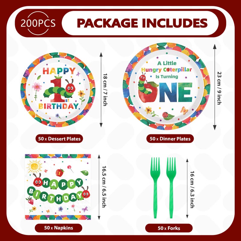 Grencian 200Pcs Caterpillar 1st Birthday Party Supplies A Hungry Green Insect is Turning One Plates and Napkins Tableware Set Hungry Caterpillar Party Decoration for Boys Birthday Baby Shower Serve 50 - Image 2