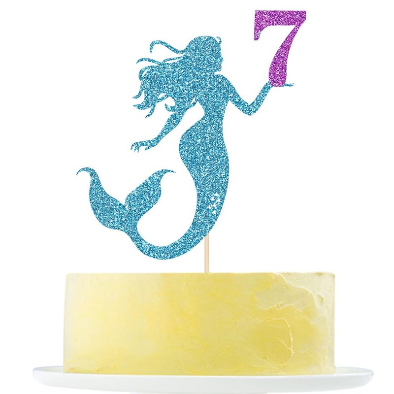 Yetxel Mermaid 7 Cake Topper  Happy 7th Birthday Cake Decor for Baby Girl  Little Mermaid Birthday Party Decoration  Under the Sea Themed Party Supplies  Happy Mermaid's 7th birthday cake top hat - Image 1