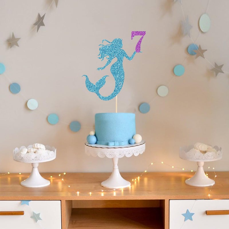 Yetxel Mermaid 7 Cake Topper  Happy 7th Birthday Cake Decor for Baby Girl  Little Mermaid Birthday Party Decoration  Under the Sea Themed Party Supplies  Happy Mermaid's 7th birthday cake top hat - Image 3